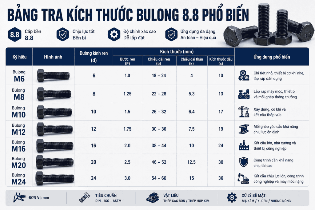 Bảng Tra Kích Thước Bulong 8.8 Phổ Biến