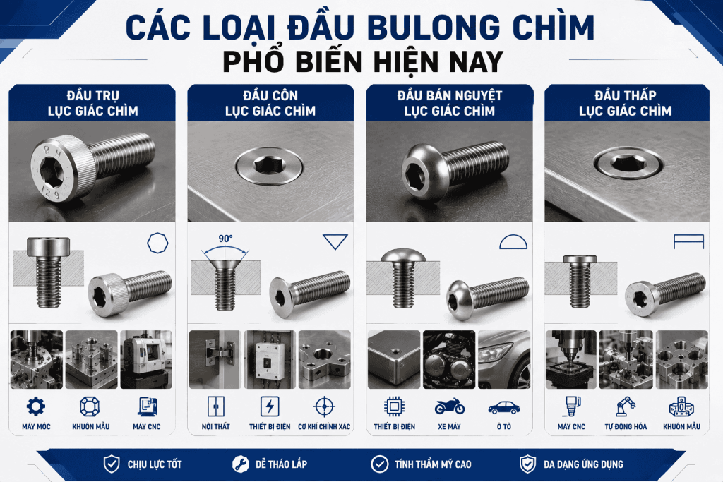 Các Loại Đầu Bulong Chìm Phổ Biến Hiện Nay
