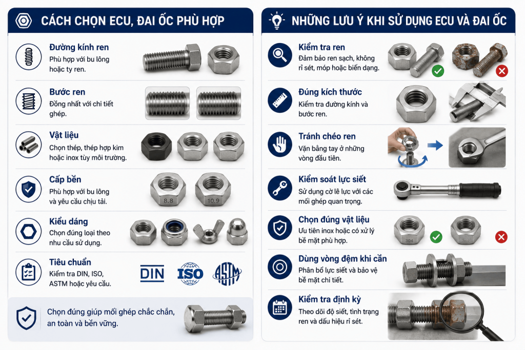 cách chọn ecu đai ốc phù hợp và những lưu ý khi sử dụng ecu đai ốc