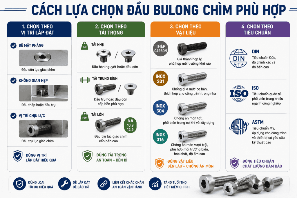 Cách Lựa Chọn Đầu Bulong Chìm Phù Hợp
