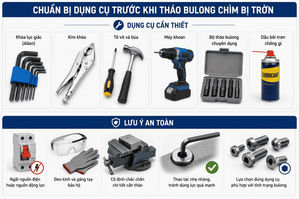 Chuẩn Bị Dụng Cụ Trước Khi Tháo Bulong Chìm Bị Trờn
