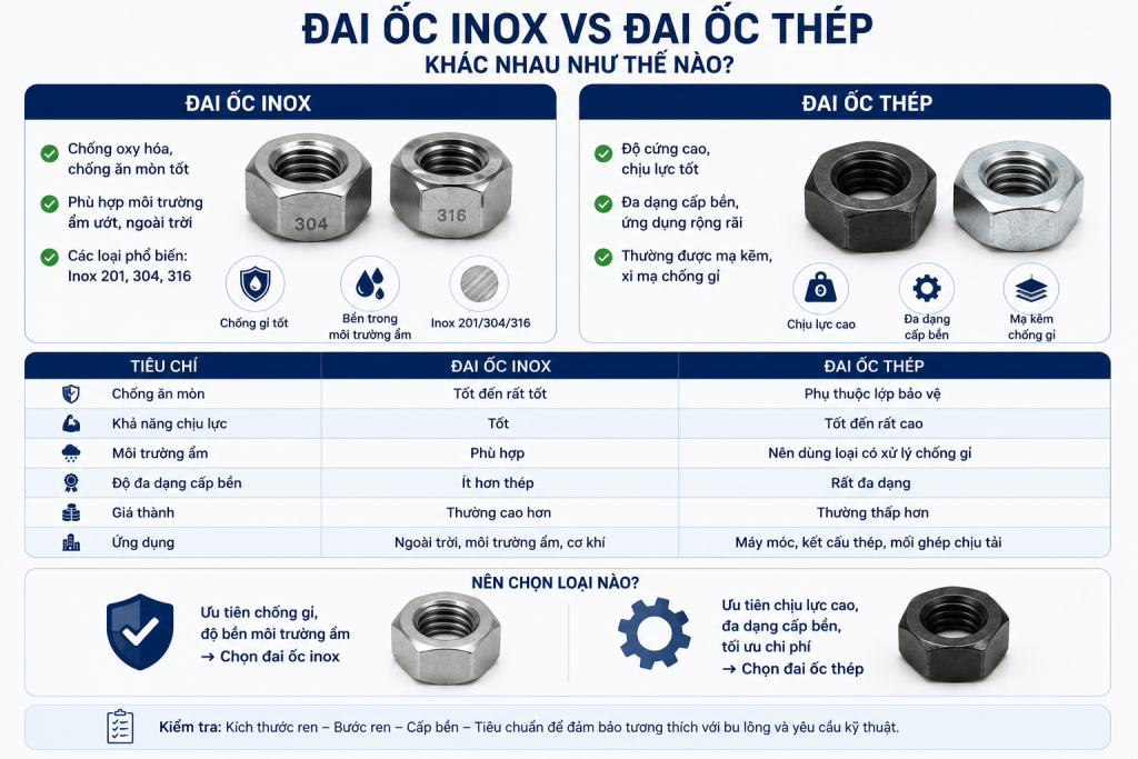 Đai ốc inox và đai ốc thép khác nhau như thế nào?
