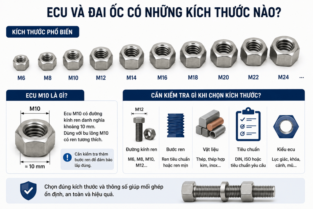 Ecu và đai ốc có những kích thước nào?