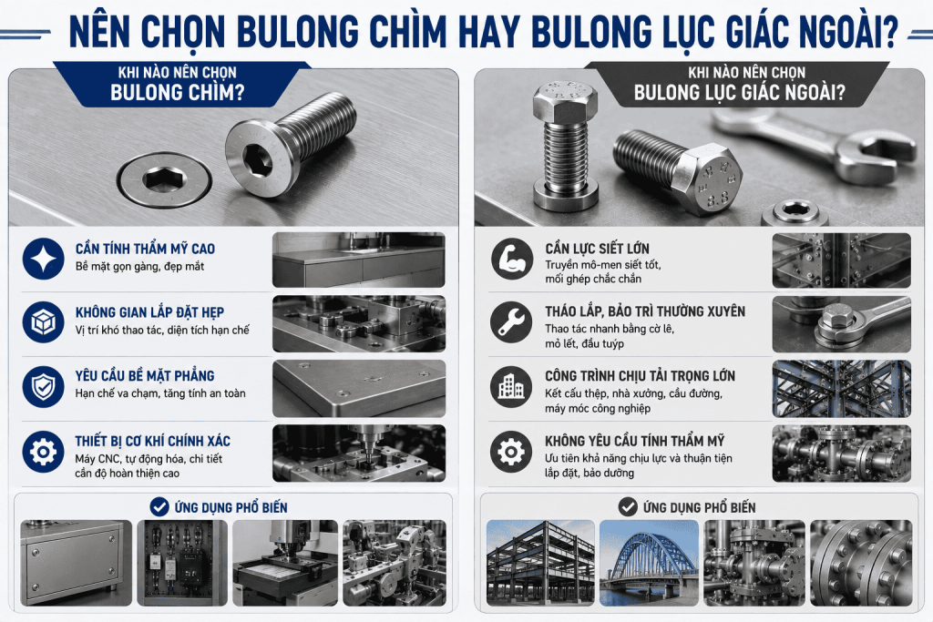 Nên Chọn Bulong Chìm Hay Bulong Lục Giác Ngoài?