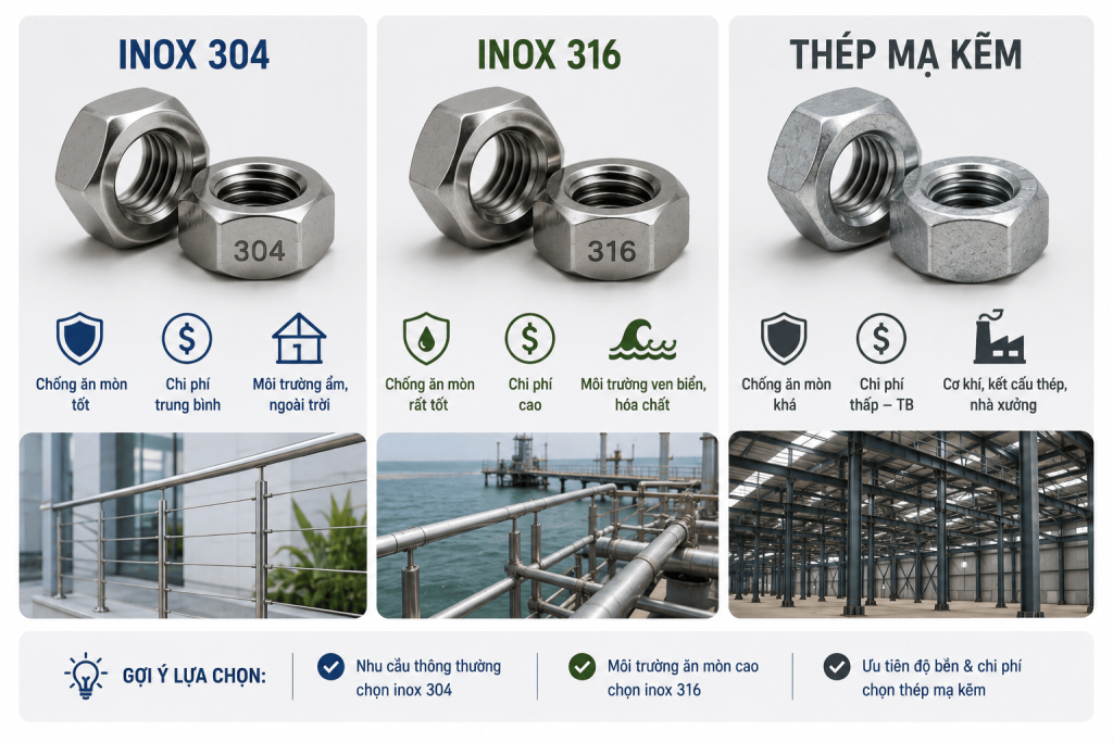 Nên chọn đai ốc inox 304, inox 316 hay thép mạ kẽm?