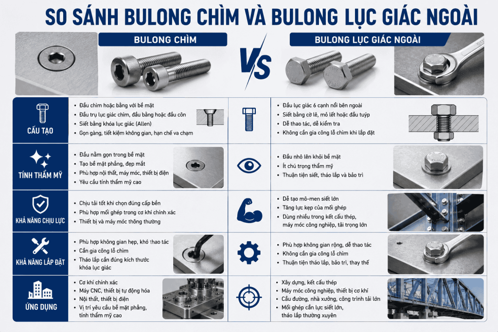 So Sánh Bulong Chìm Và Bulong Lục Giác Ngoài