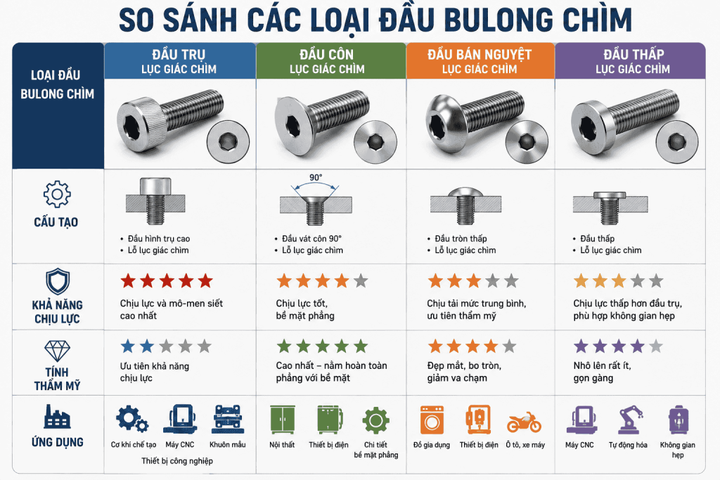 So Sánh Các Loại Đầu Bulong Chìm