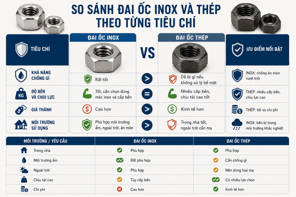 So sánh đai ốc inox và thép theo từng tiêu chí