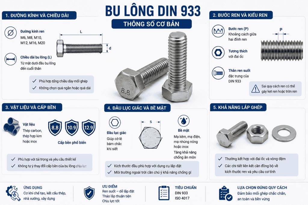 Thông số cơ bản của bu lông DIN 933