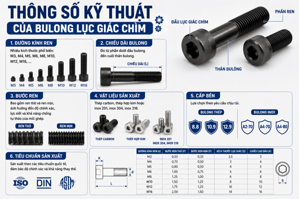 thông số kỹ thuật của bulong lục giác chìm
