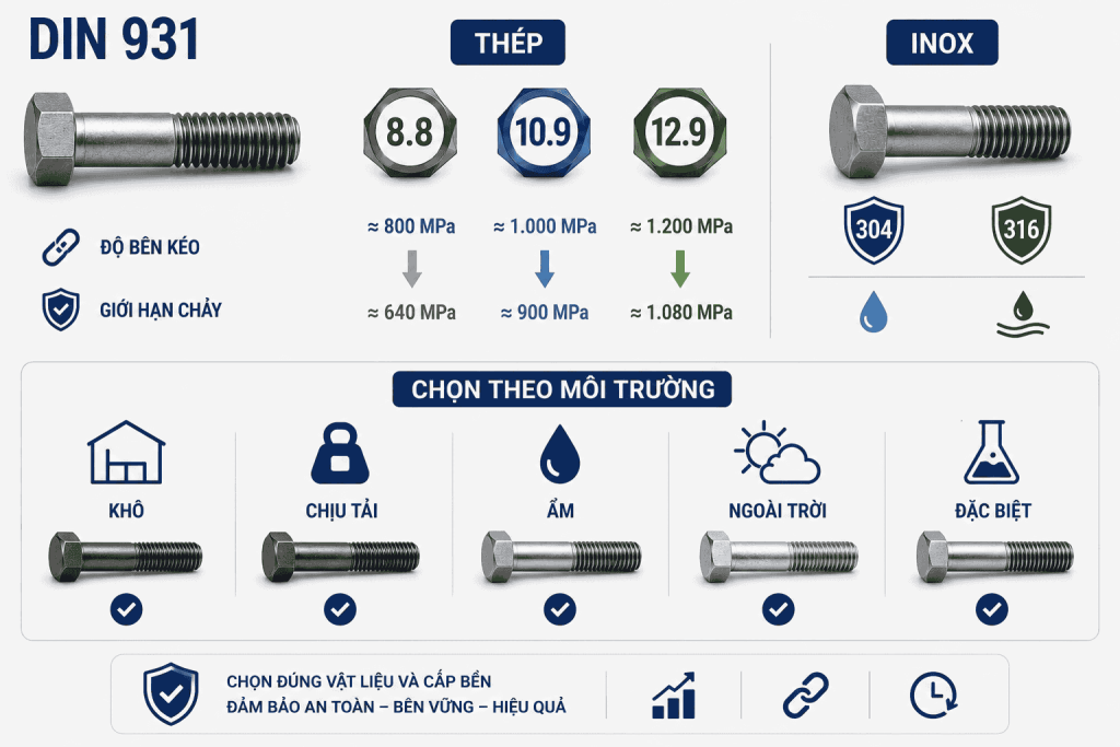 Vật liệu và cấp bền bu lông DIN 931