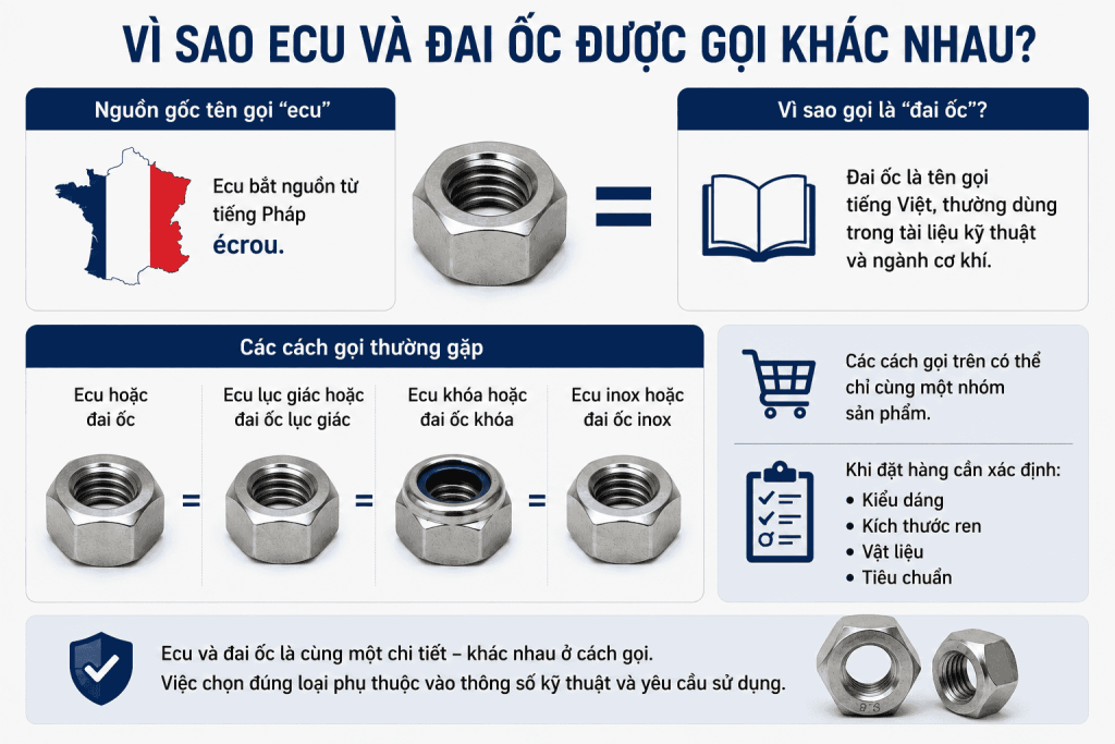 Vì sao ecu và đai ốc được gọi khác nhau?